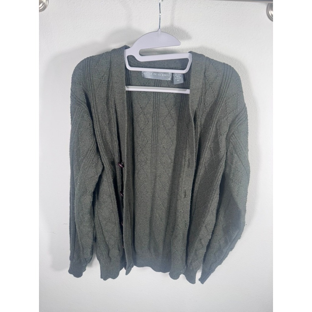Vintage Oscar de la Renta Textured Knit Cardigan Sweater Men's Medium 90s Green